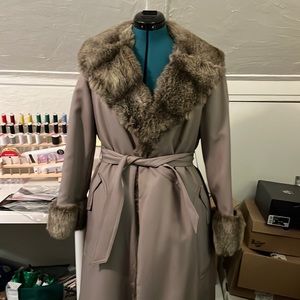 Faux fur vintage taupe, khaki gray belted trench coat winter chic retro